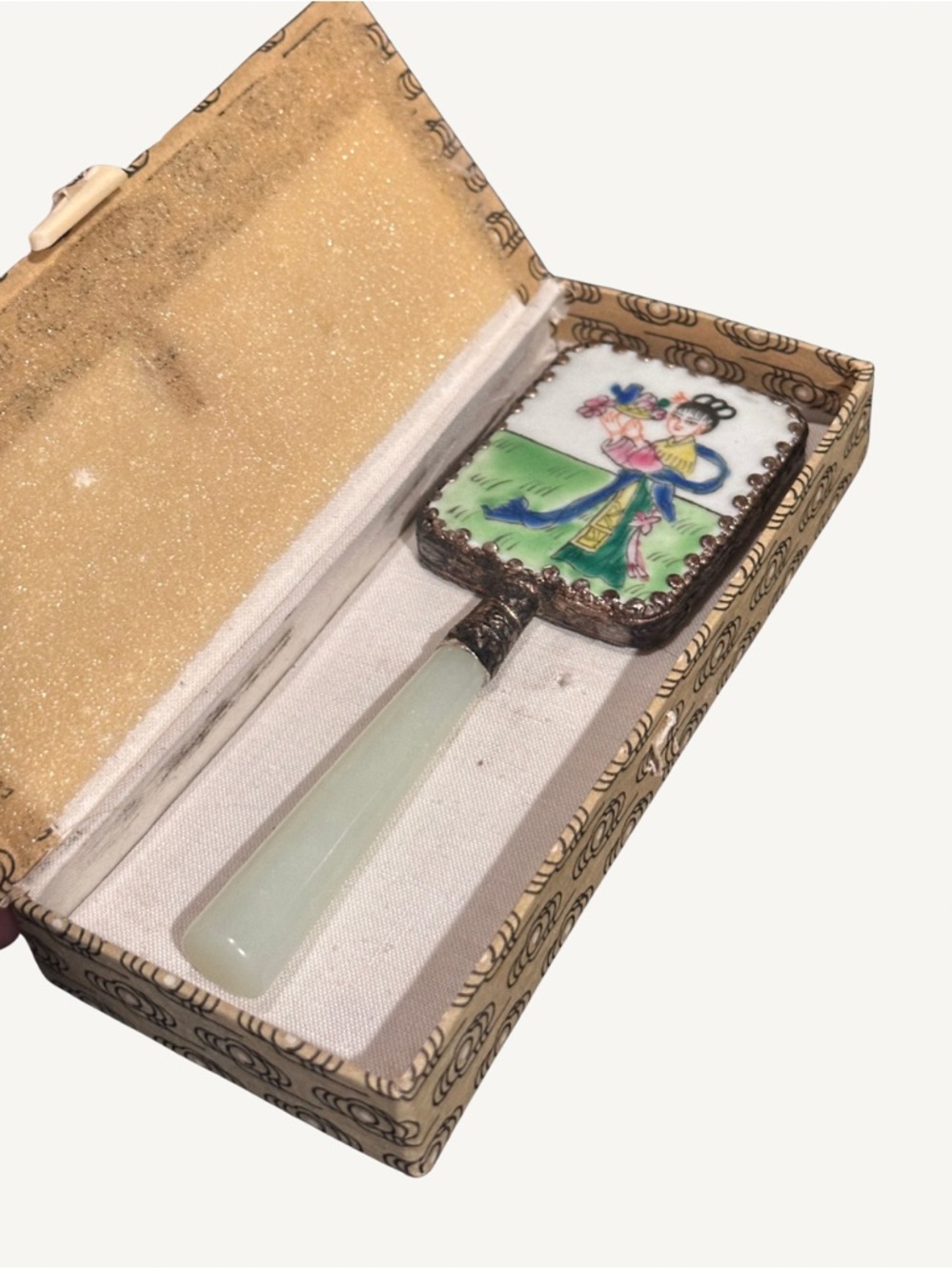 Authentic Jade & Hand Painted Porcelain Hand Mirror w/ Ornate Silver Metalwork - Picture 6 of 6
